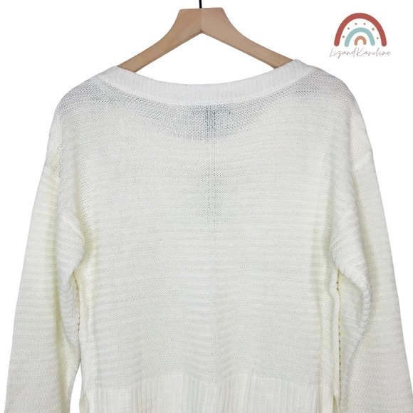 New! Ribbed Knit Boatneck Shoulder Buttons Split Hem Ivory Cream Sweater - Picture 4 of 11